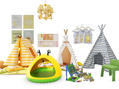 Colorful Children's Tents With Striped Patterns Toys Drawing Board and Playful Decor 3d model