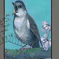 Landscape Painting Featuring Singing Bird on Green Branch with Pink Flowers