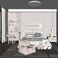 Kids Room Interior Design With Bed Pillows Stuffed Toys Round Ceiling Light And Modern Shelves