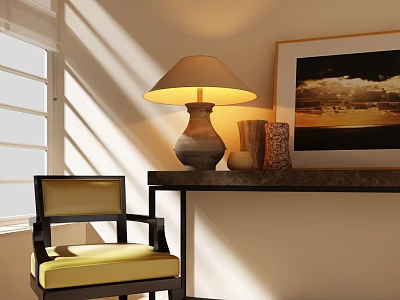 Comfortable Leisure Chair With Table Lamp Shelf Sunlight And Wall Painting 3d model