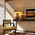 Comfortable Leisure Chair With Table Lamp Shelf Sunlight And Wall Painting