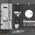 Modern Bathroom Interior Design With Glass Shower Toilet Round Mirror Vanity And Marble Walls