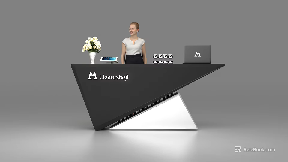 Modern Black Reception Desk With Flower Vase Tablet Laptop And Receptionist 3d model 