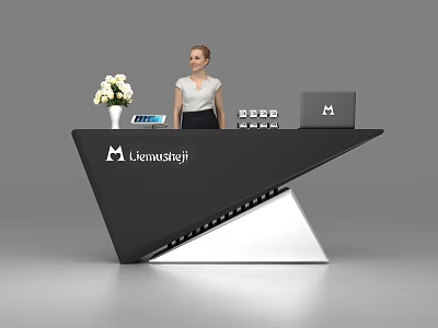 Modern Black Reception Desk With Flower Vase Tablet Laptop And Receptionist 3d model