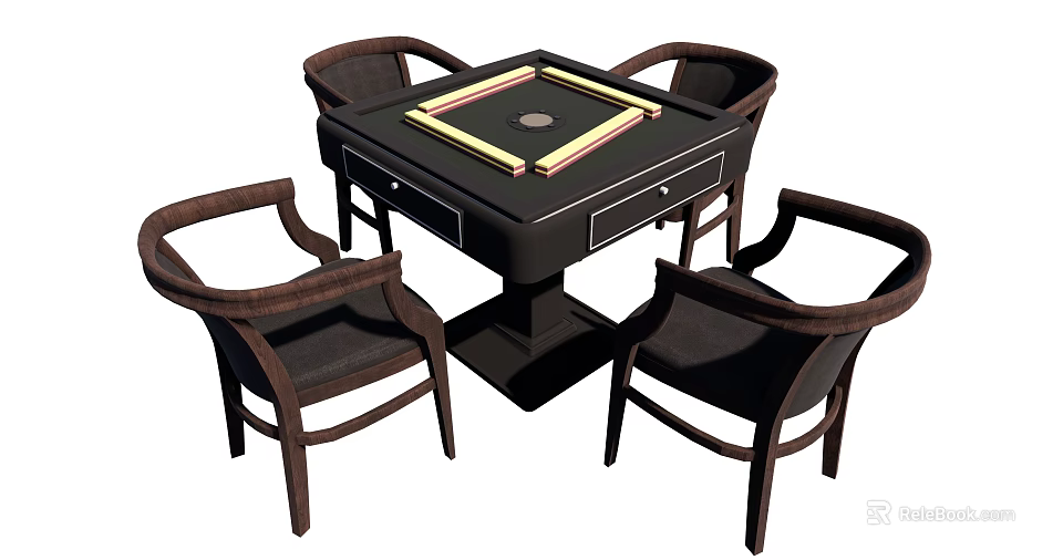 Mahjong Entertainment Table with Drawers and Four Matching Wooden Armchairs for Home Game Room 3d model 