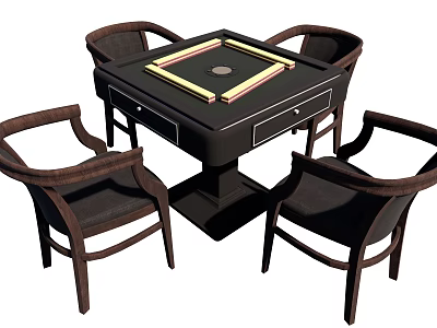 Mahjong Entertainment Table with Drawers and Four Matching Wooden Armchairs for Home Game Room 3d model