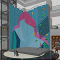 Indoor Climbing Wall With Colorful Holds In Shopping Mall People Climbing And Watching