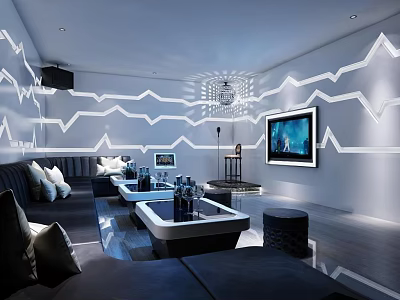 Modern KTV Lounge With Geometric White Wall Patterns Sofa Coffee Tables TV And Ambient Lighting 3d model