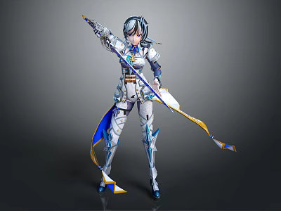 Fantasy Armored Character in Blue White Armor With Long Spear And Ornate Decorations 3d model