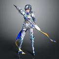 Fantasy Armored Character in Blue White Armor With Long Spear And Ornate Decorations