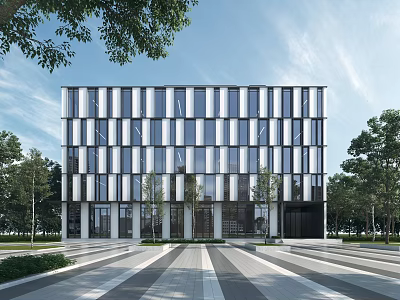Modern Office Building With Grid Glass Facade Trees Around Steps In Front Under Blue Sky 3d model
