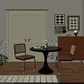 Modern Dining Table Set With Black Round Table Rattan Back Chairs And Metal Legs