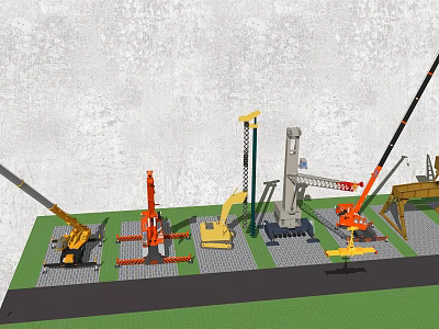 Industrial Equipment Display Featuring Cranes Drilling Rigs And Excavators On Construction Site 3d model
