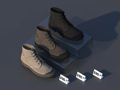 Stylish Leather Boots in Black Gray Beige on Transparent Display Stand with Price Tags 3d model