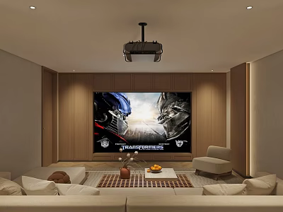 Modern Home Theater Interior Design With Large Projection Screen Ceiling Projector And Comfortable Sofas 3d model