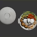 White Textured Bowl With Lid Holding Fresh Vegetables Eggs And Fried Balls