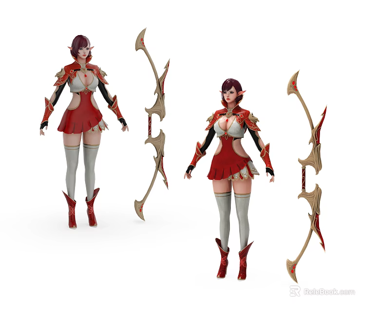 Fierce Female Game Character in Red White Outfit with Detailed Armor and Elaborate Bow 3d model 