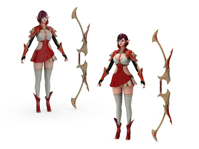 Fierce Female Game Character in Red White Outfit with Detailed Armor and Elaborate Bow 3d model