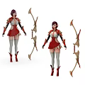 Fierce Female Game Character in Red White Outfit with Detailed Armor and Elaborate Bow
