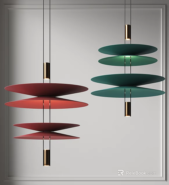 Stylish Red and Green Layered Disc Pendant Lights with Modern Design Elements 3d model 