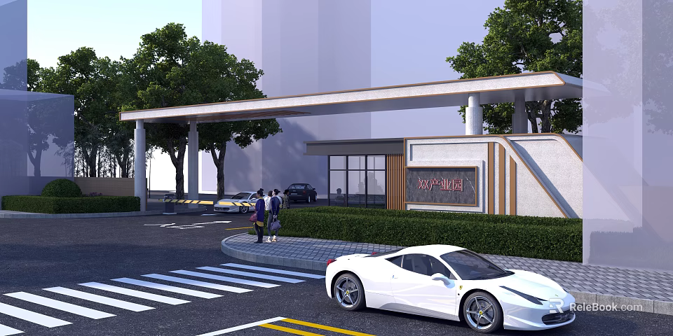 Entrance Gate For Real Estate Marketing Center With Glass Curtain Walls Pillars Canopy And Greenery 3d model 
