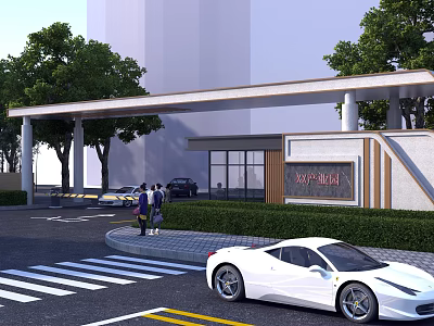 Entrance Gate For Real Estate Marketing Center With Glass Curtain Walls Pillars Canopy And Greenery 3d model