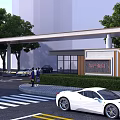 Entrance Gate For Real Estate Marketing Center With Glass Curtain Walls Pillars Canopy And Greenery