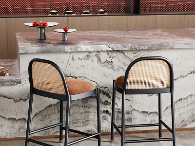 Modern Bar Counter With Marble Top And Wicker Back Bar Stools With Orange Cushions 3d model