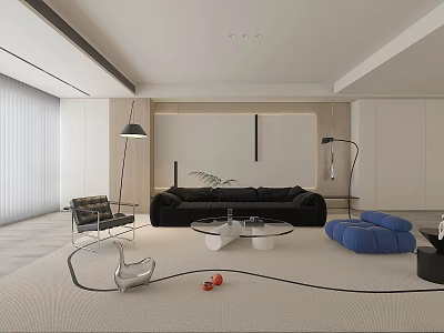 Modern Light Luxury Minimalist Living Room With Comfortable Black Sofa And Exquisite Indoor Decoration 3d model