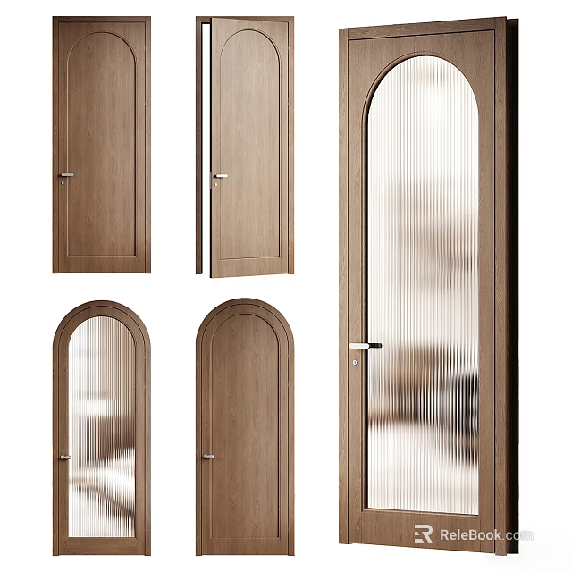 Wooden Hinged Doors With Arched Top And Glass Panel For Modern Home Interior 3d model 