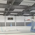 Modern Indoor Basketball Court Featuring Wooden Floor Scoreboard Hoop Bleachers Court Lines And Ceiling Lights