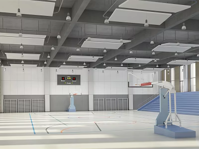 Modern Indoor Basketball Court Featuring Wooden Floor Scoreboard Hoop Bleachers Court Lines And Ceiling Lights 3d model
