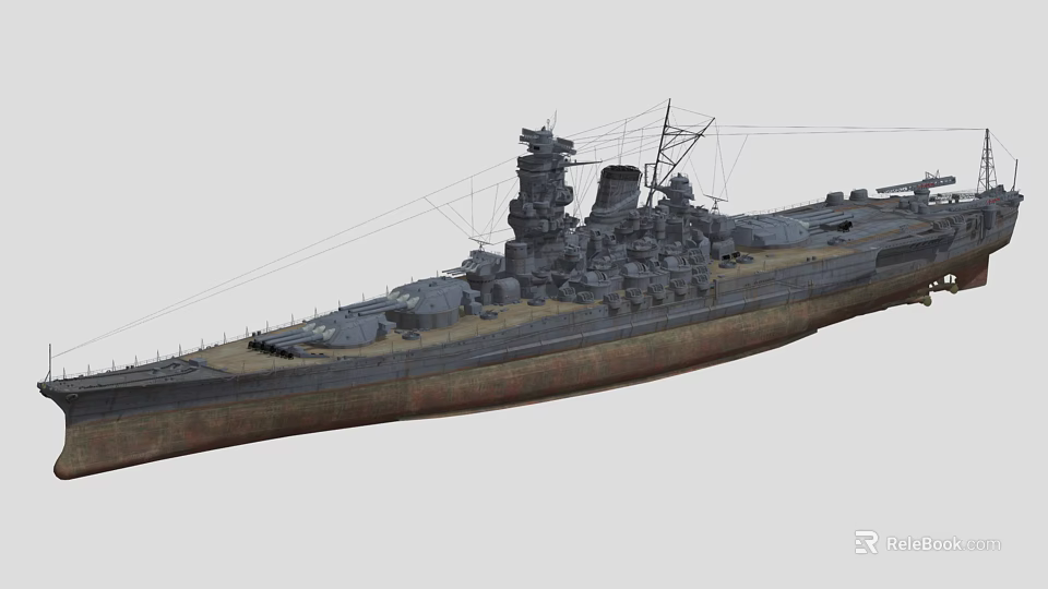 Detailed Battleship Warship Model With Gray Hull Deck Turret And Mast 3d model 