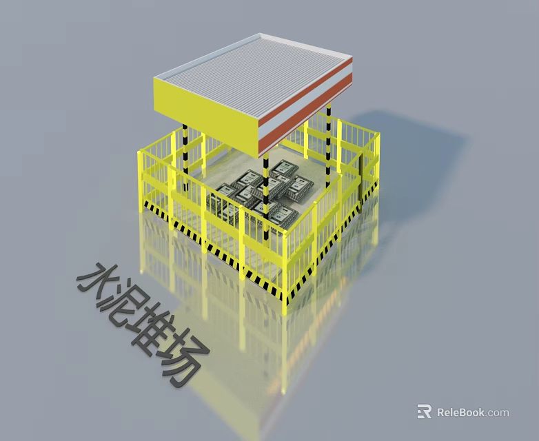 Cement Stacking Yard With Yellow Safety Fence And Covered Roof Structure 3d model 