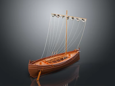 Ancient Wooden Sailing Boat Model With Mast And Ropes On 3d model
