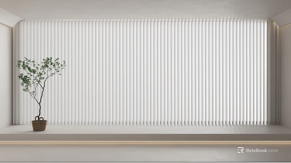 White Vertical Blinds Enhance Modern Interior with Potted Plant on Shelf 3d model 