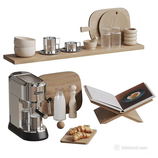 Stylish Dinnerware Set with Bowls Cups Jars Plates on Wooden Shelf Coffee Machine Cookbook Croissants 3d model 