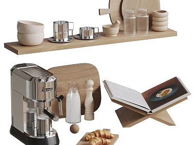 Stylish Dinnerware Set with Bowls Cups Jars Plates on Wooden Shelf Coffee Machine Cookbook Croissants 3d model