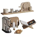 Stylish Dinnerware Set with Bowls Cups Jars Plates on Wooden Shelf Coffee Machine Cookbook Croissants
