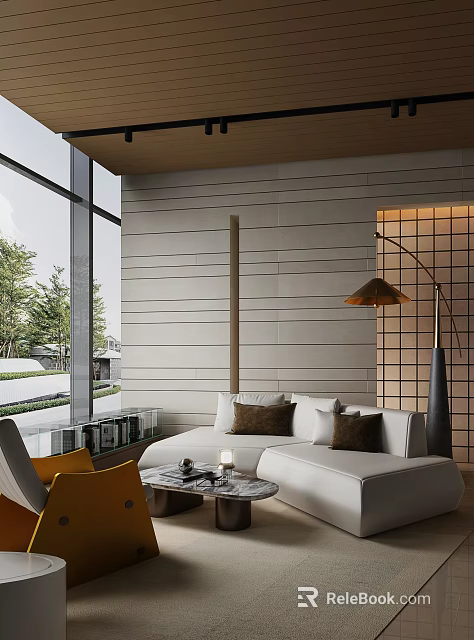 Elegant Modern Lounge Area Interior With White Sofa Brown Throw Pillows And Brass Floor Lamp 3d model 