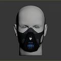 Black Mesh Design Face Mask on White Mannequin Head with Brand Logo and Blue Accents