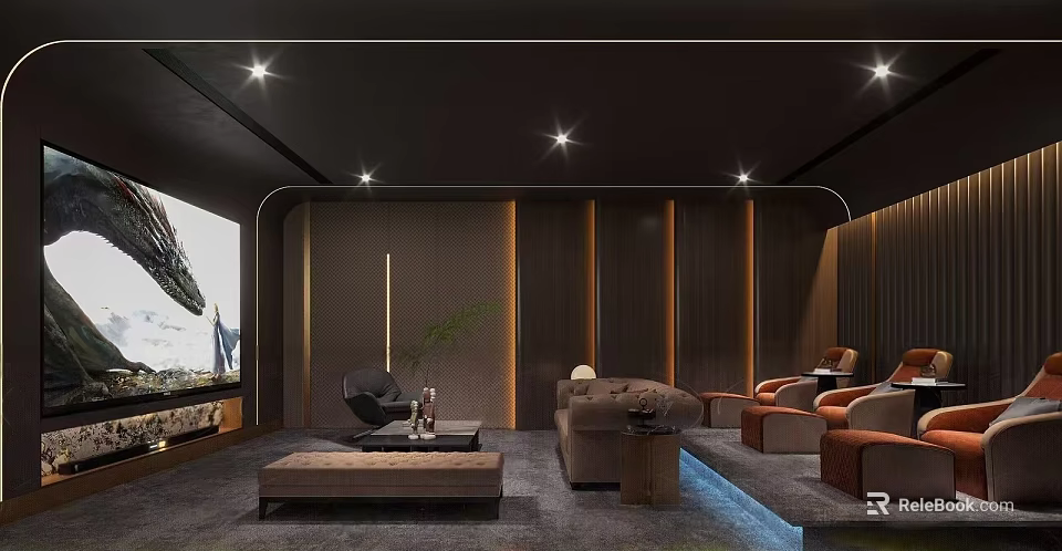 Modern Home Theater Room Interior With Large Screen Comfortable Seating And Wooden Panel Walls 3d model 