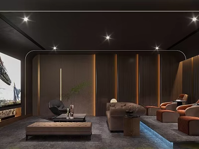 Modern Home Theater Room Interior With Large Screen Comfortable Seating And Wooden Panel Walls 3d model