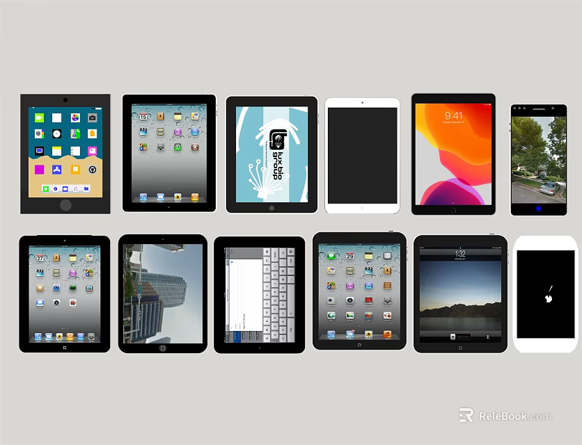 Various Tablet Computer Models With Different Screen Displays And Interfaces 3d model