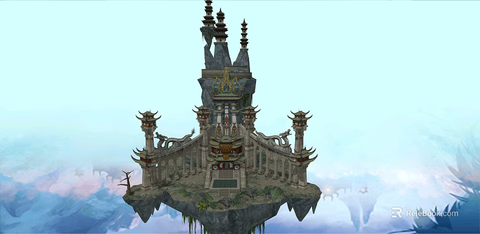 Ancient Architecture on Floating Island with Ornate Towers and Carved Decorations 3d model 