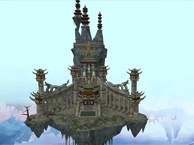 Ancient Architecture on Floating Island with Ornate Towers and Carved Decorations 3d model