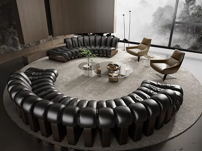 Modern Living Room Interior With Curved Black Leather Sofa Round Coffee Table And Floor Lamp 3d model