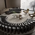 Modern Living Room Interior With Curved Black Leather Sofa Round Coffee Table And Floor Lamp