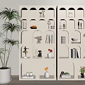 Double White Display Cabinet With Arched Compartments Holding Ornaments Books Vases Beside Tall Potted Plant