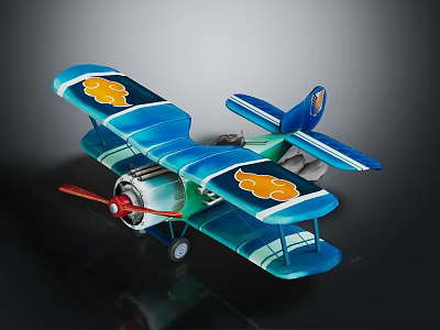 Blue Biplane Passenger Aircraft Model With Orange Cloud Patterns Transparent Material Black Background 3d model
